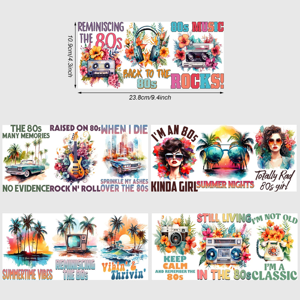 5 sheets 80s Retro UV DTF Cup Stickers, Glass Cup Sports DTF Transfer Stickers, Waterproof Wipe Transfer Paper