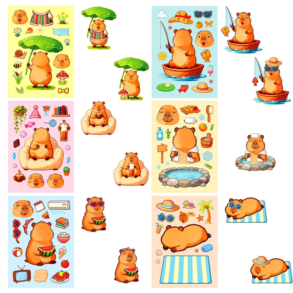 6/12/18Pcs Cartoon Capybara Make A Face Puzzle Stickers, Kids DIY Fun Stationery Notebook Cabinet Fridge Luggage Decor Sticker