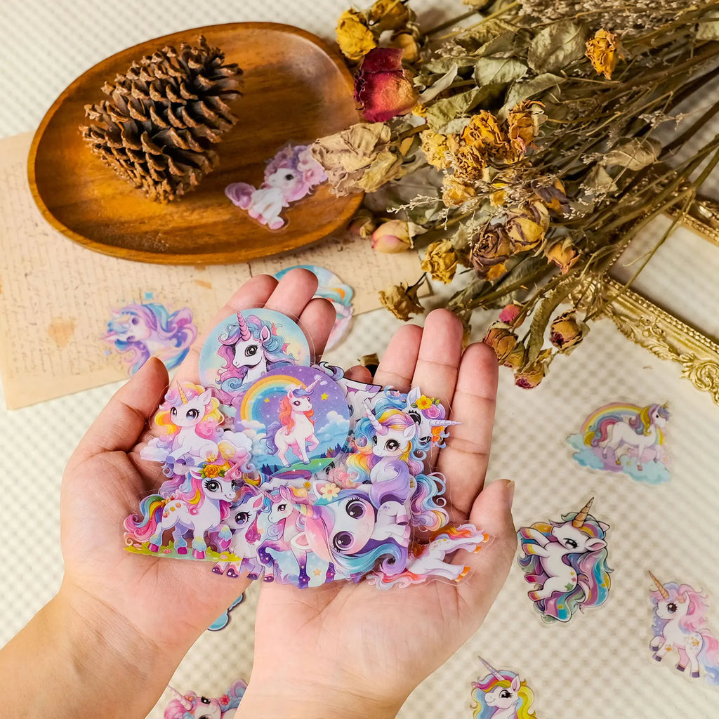 56/112PCS Cute Unicorn Transparent PET Stickers Dreamy Fairy Tale Rainbow Horse Tablet Stationery  Notebook Waterproof Sticker