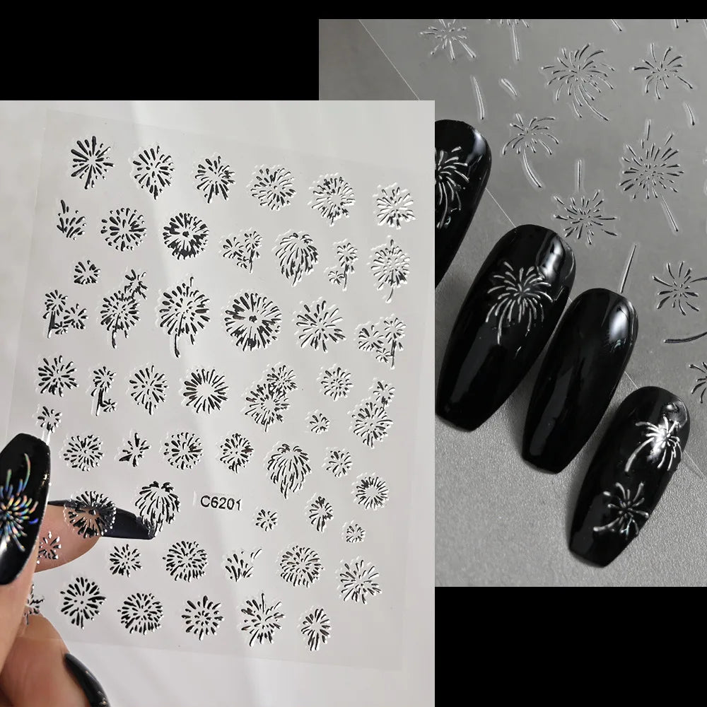 Laser Firework Nail Stickers 3D Self-Adhesive Blooming Fireworks Nail Art Decals New Year Firework Nail Decorations Slider 1pcs