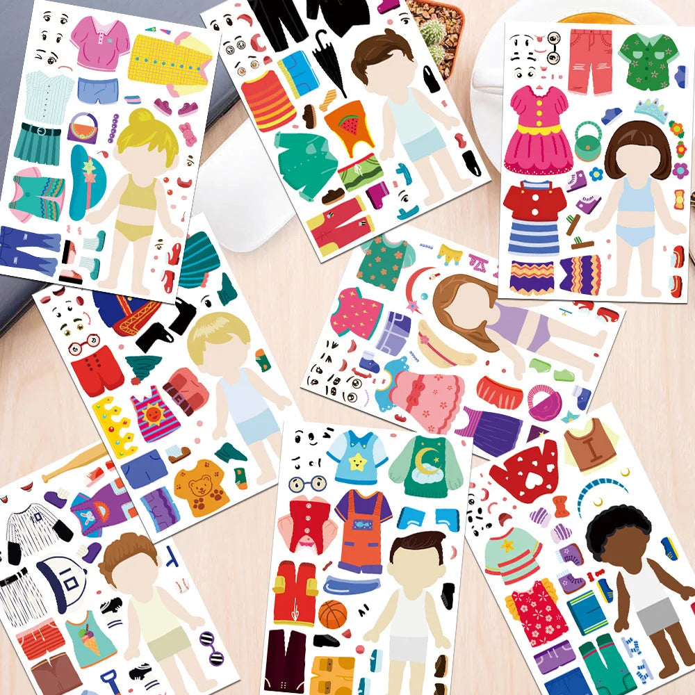 8/16/24PCS Children's Dress Up Puzzle Stickers Cute Cartoon Creative Fun Children's Puzzle Account Material Waterproof Stickers
