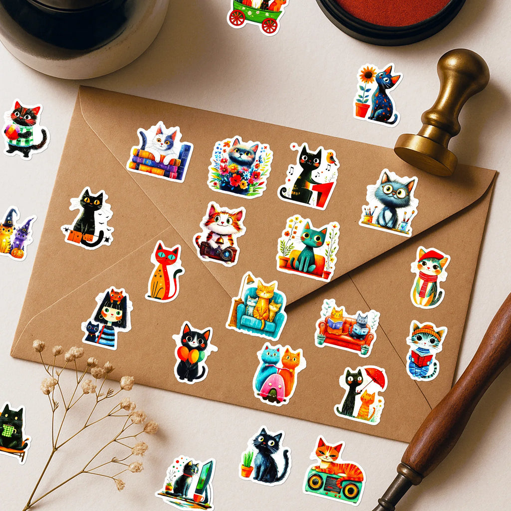 56/112Pcs Artistic Colorful Japanese Cat Doodle Stickers DIY for Scrapbook Notebook Stationery Box Pen Holder Phone Desk Bicycle