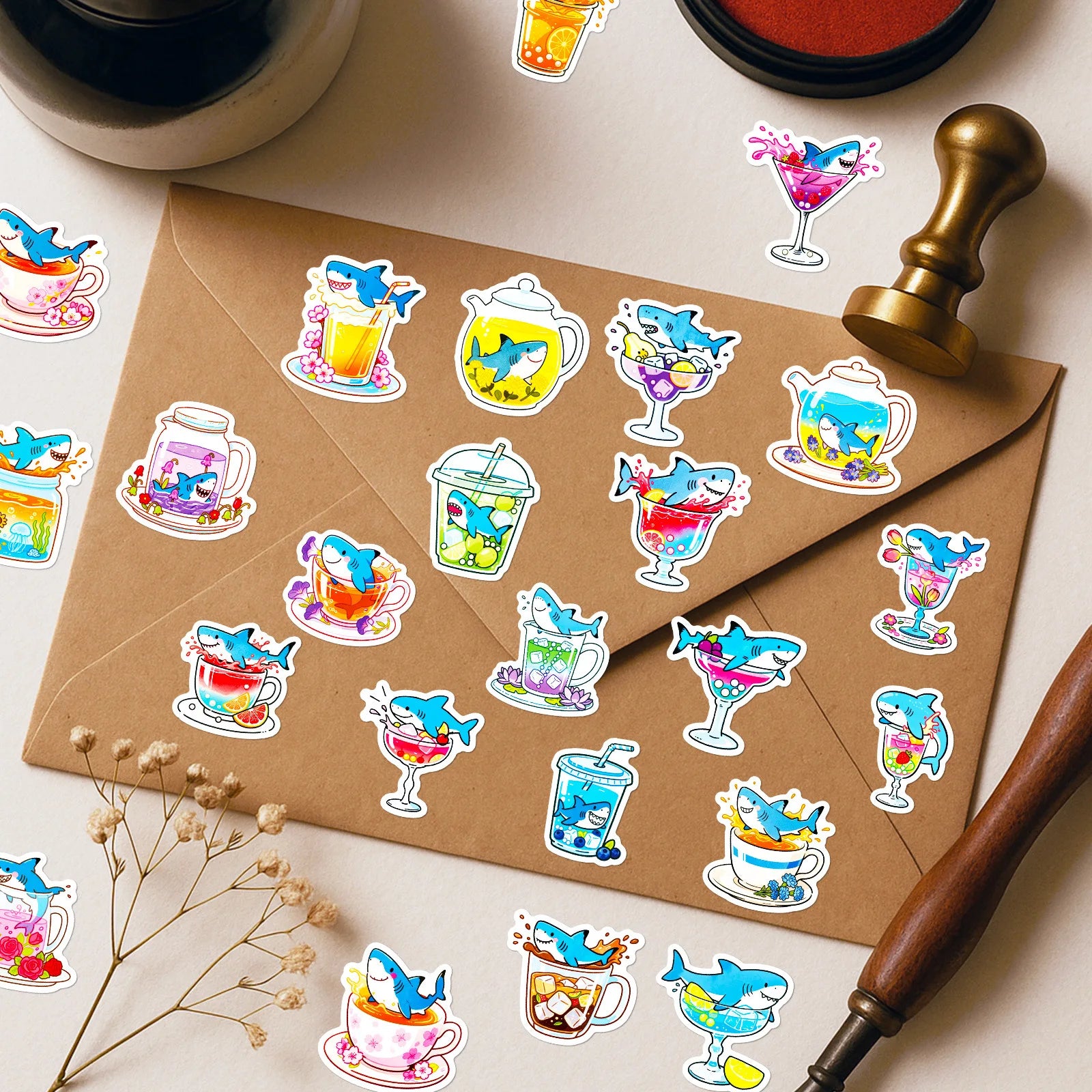 56PCS Cute Shark Cup Graffiti Stickers Creative Cartoon Shark Account Helmet Decoration Stickers