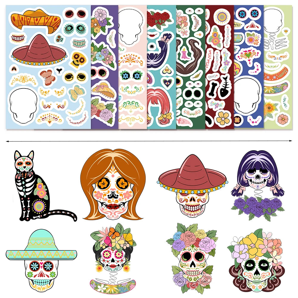 8PCS Cartoon Mexican Day of the Dead Creative Decoration DIY Phone Case Luggage Tablet Puzzle Toy Stickers