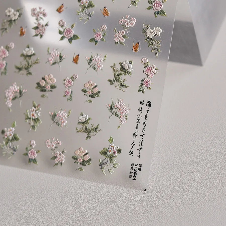 5D Embossed Nail Stickers Elegant Pink Flowers Self Adhesive Nails 3D Decorations Stickers DIY Charms Flowers Nails Art Decals