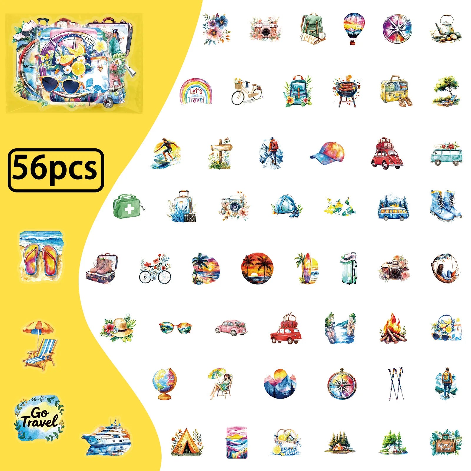 56-Piece Outdoor Travel Transparent PET Stickers Waterproof Decorative Decals for Phones Computers Stationery Notebooks