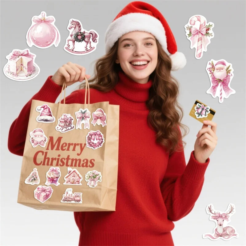 10/30/50PCS Cute Pink Christmas PVC Sticky Sticker Aesthetic DIY Decoration Scrapbooking Children's School Supplies