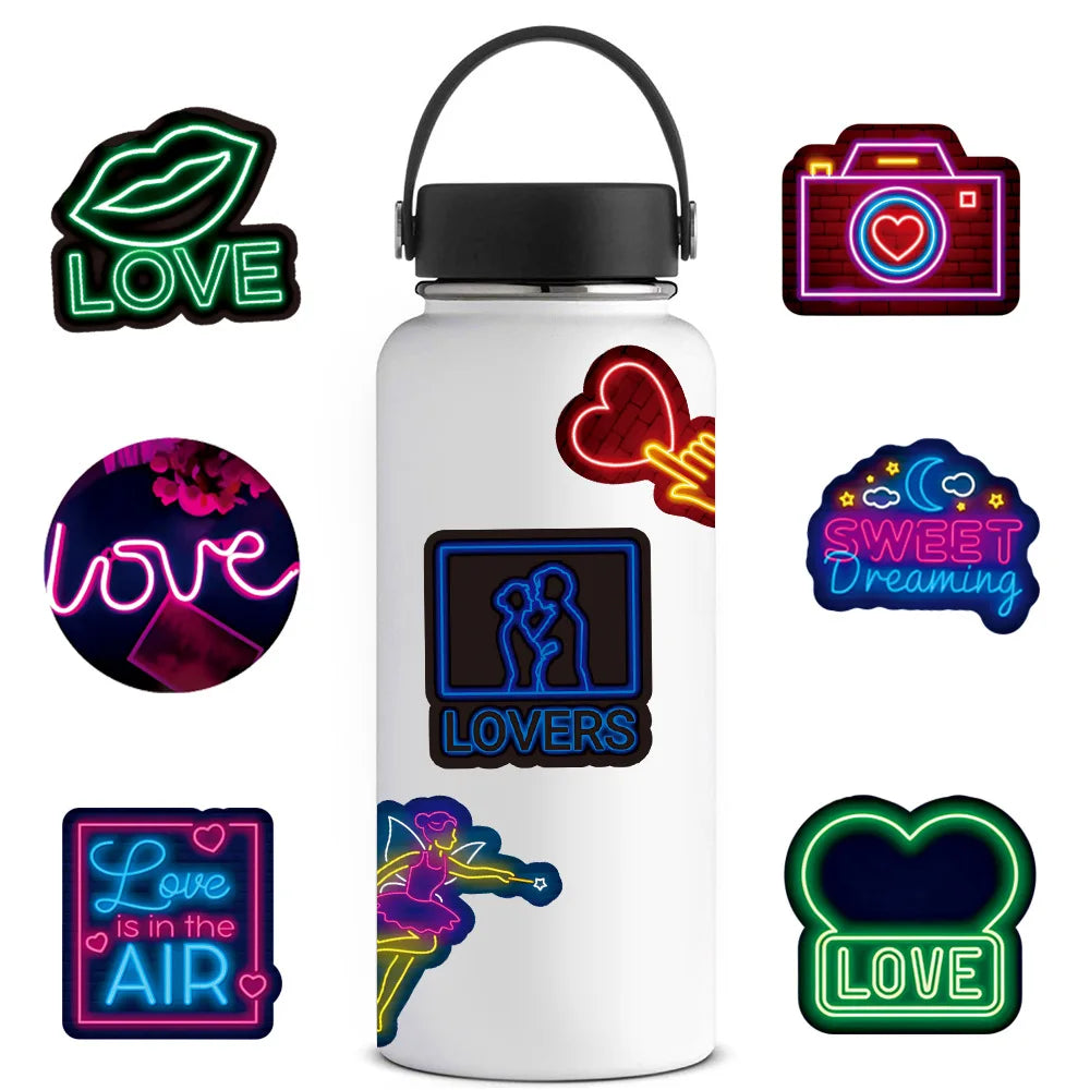 50-Pack Neon Valentine Graffiti Stickers Waterproof for Luggage Notebooks Electric Bicycles Skateboards Mobile Phones Stationery