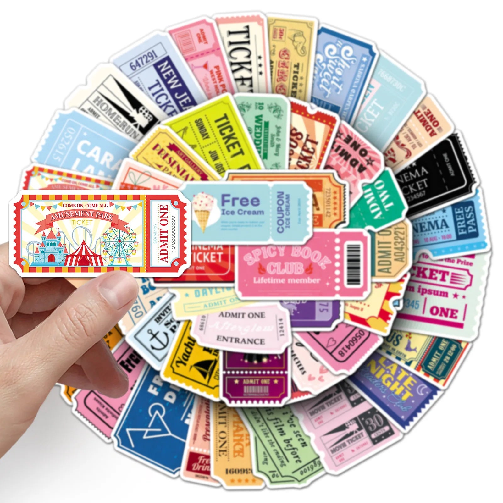 50-Pack Creative Cartoon Ticket Stickers Waterproof DIY Graffiti Decals for Mobile Phones Guitars Helmets Luggage Notebooks