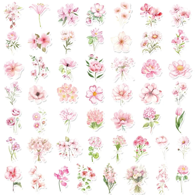 50PCS Cute Pink Flower PET Sticky Sticker Aesthetic Tear Open DIY Decoration Scrapbooking Stationery Supplies for Kids