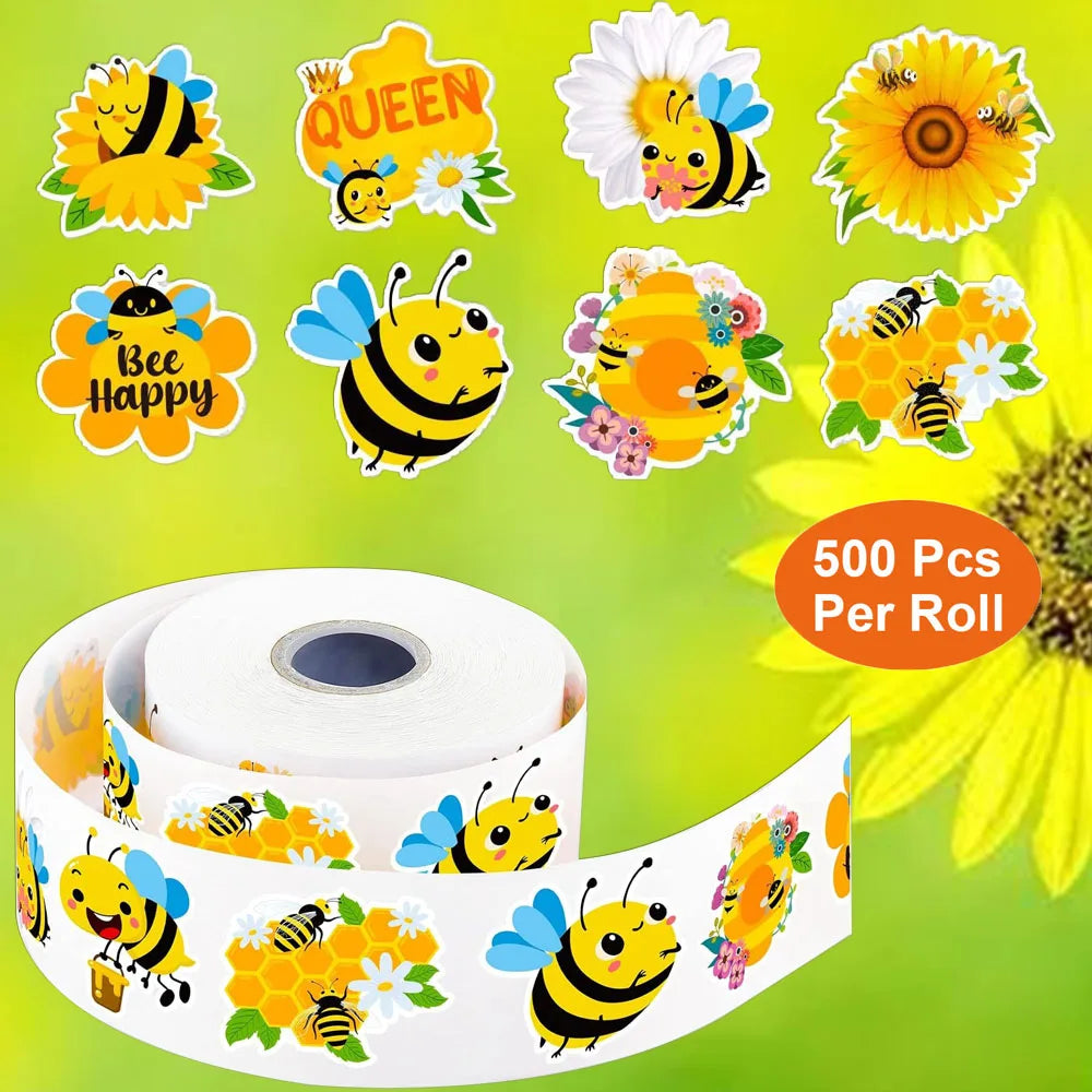 500Pcs/Roll Heterotypic Flowers Hardworking Little Bees Stickers 2.5cm/1.0'' Happy Bees Art Scrapbooking Learning Reward Labels