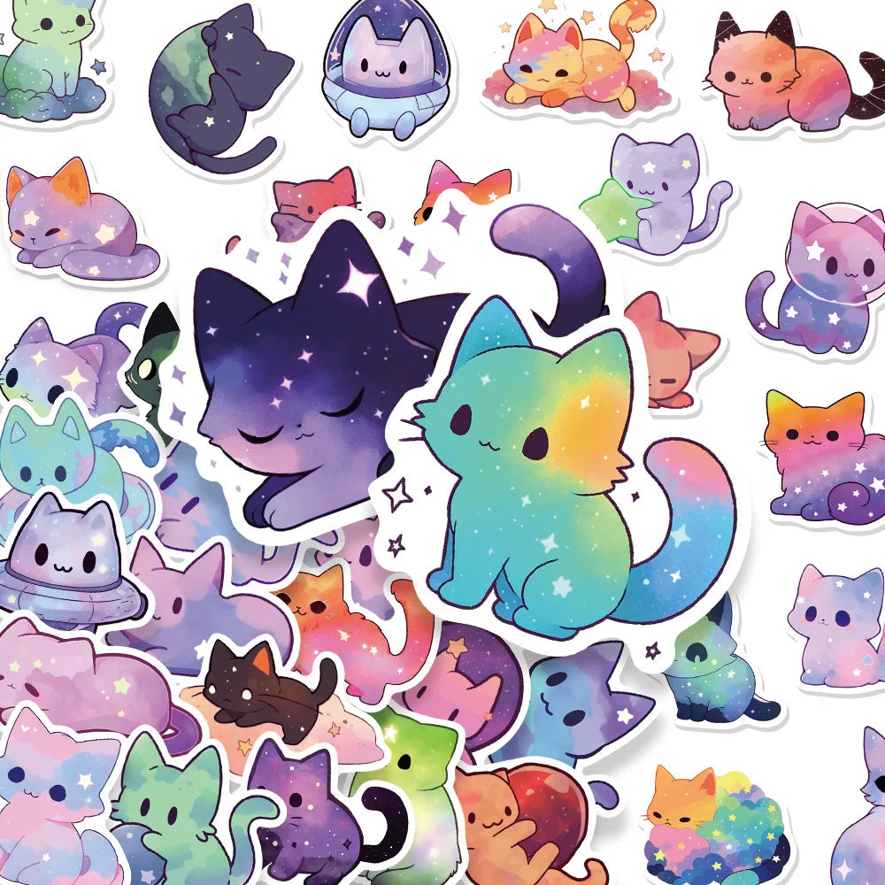 50PCS Cartoon Rainbow Starry Sky Cat Stickers Cute and Beautiful Cat DIY Stickers Manual Tags Flat Toys Decorative Stickers