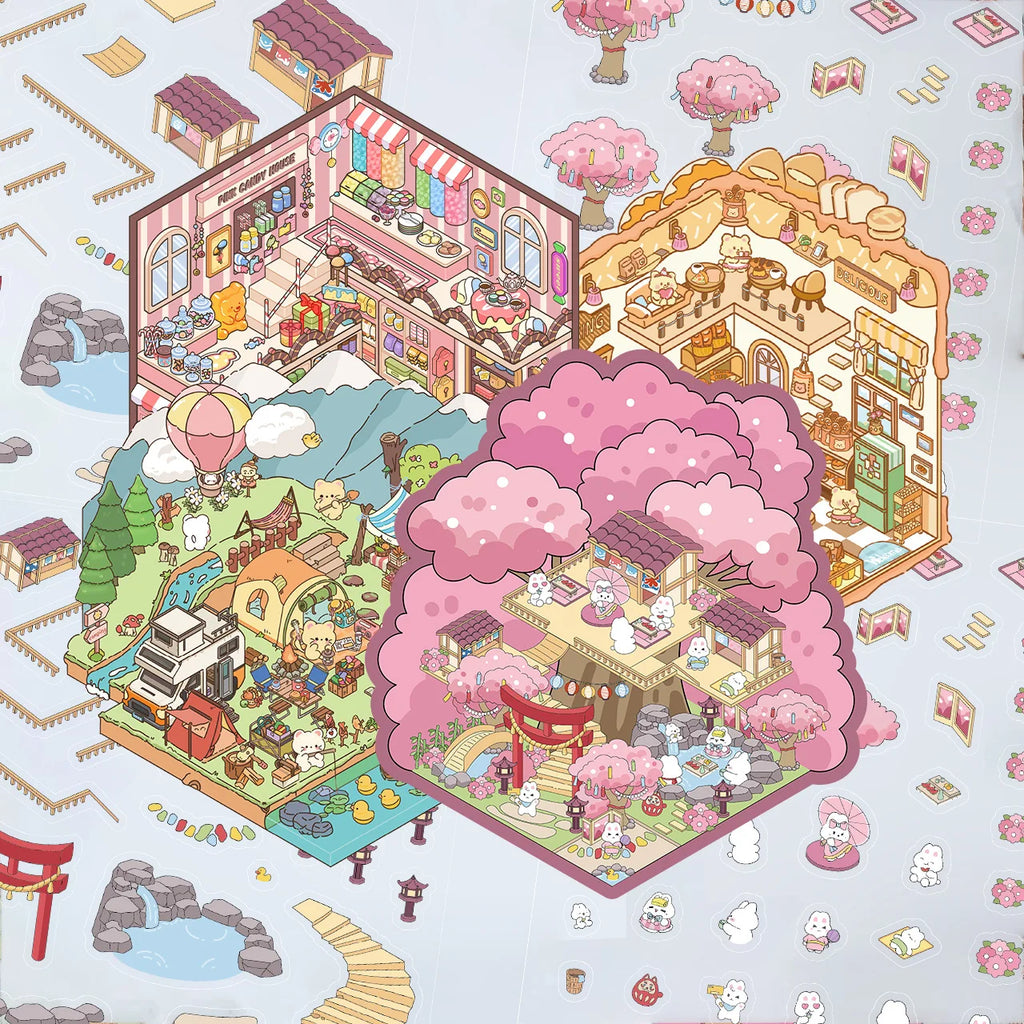 3D Cartoon Landscape Stickers Sakura Hot Spring Sake House Miniature World Stereoscopic Cabin Decompression DIY Scene Sticker