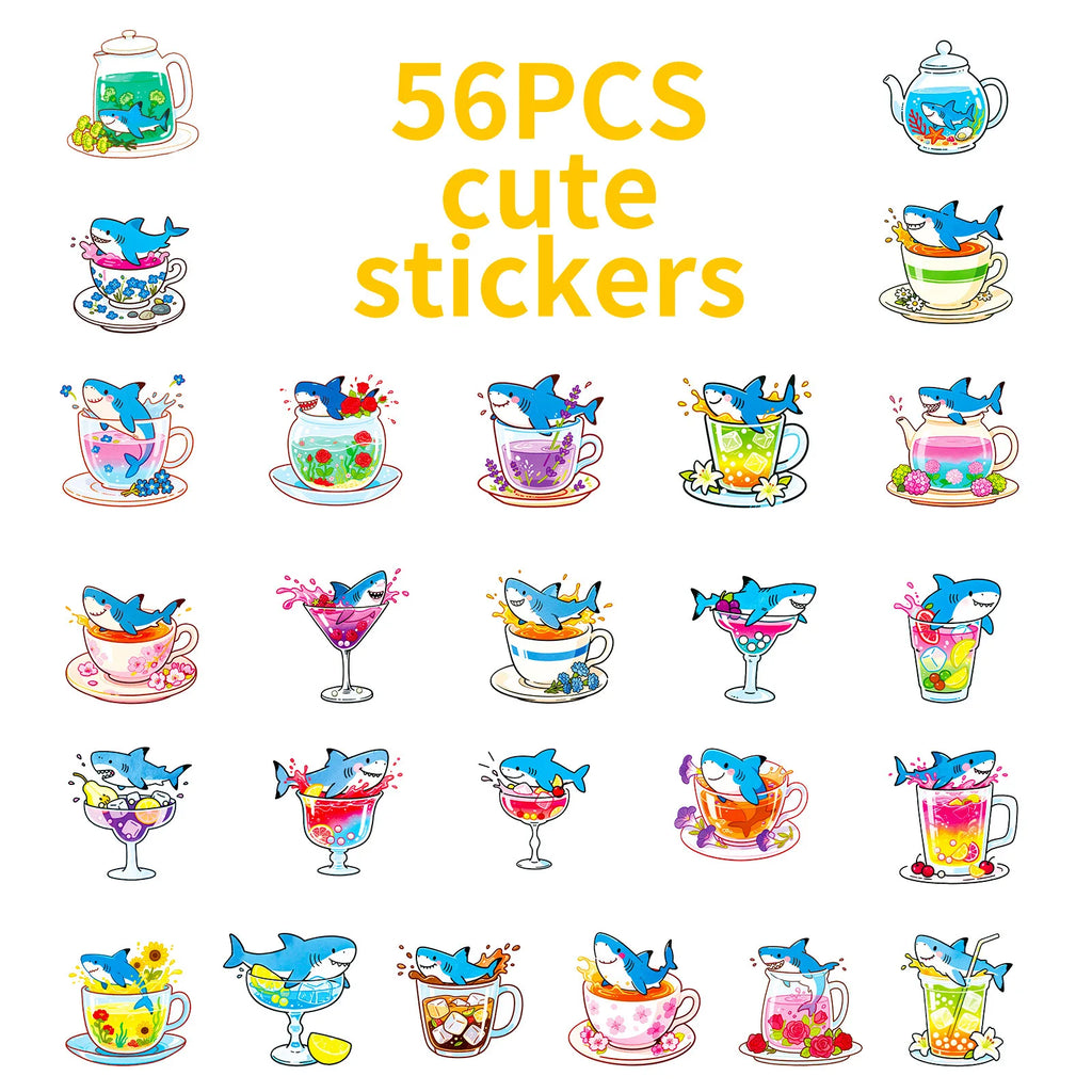 56PCS Cute Shark Cup Graffiti Stickers Creative Cartoon Shark Account Helmet Decoration Stickers