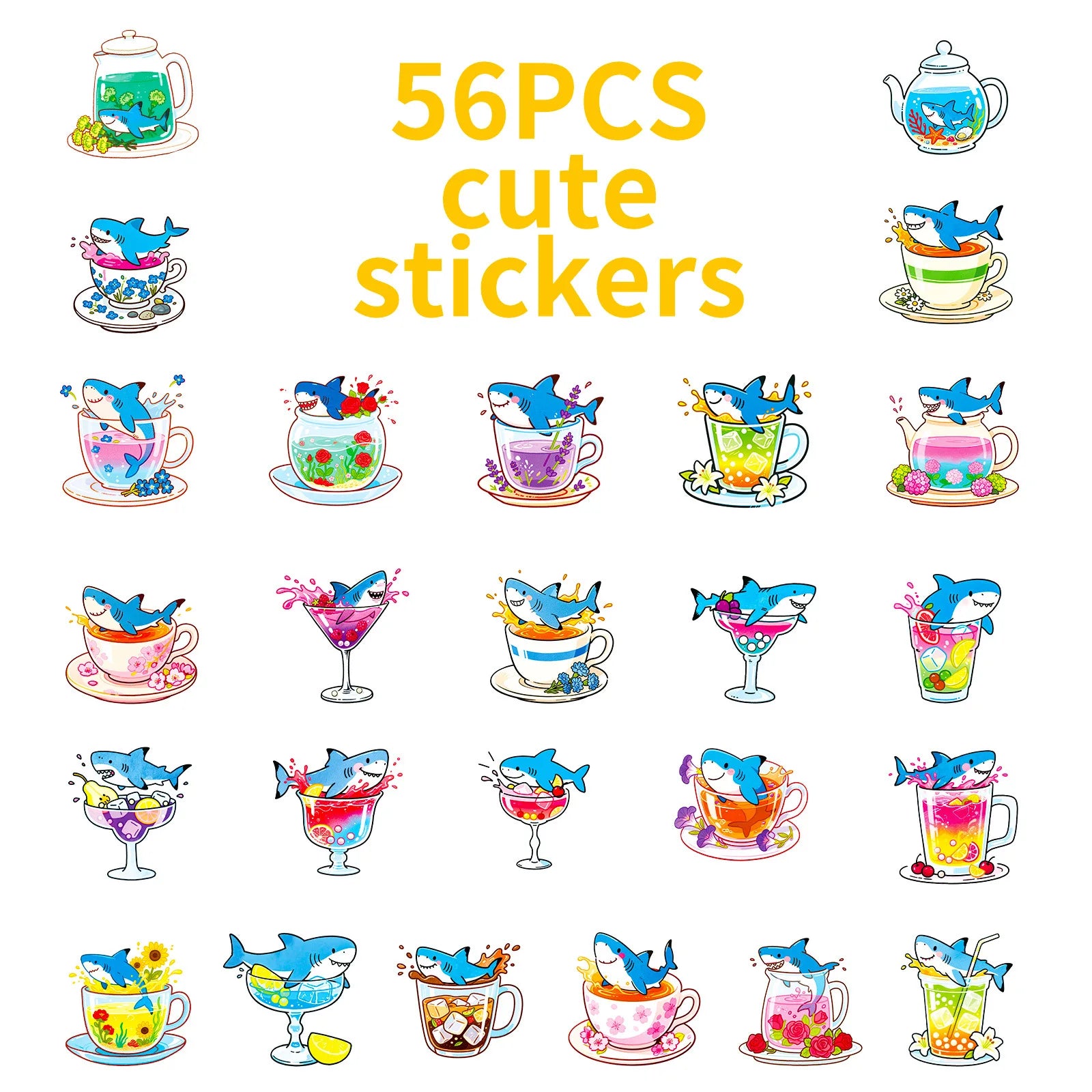 56PCS Cute Shark Cup Graffiti Stickers Creative Cartoon Shark Account Helmet Decoration Stickers
