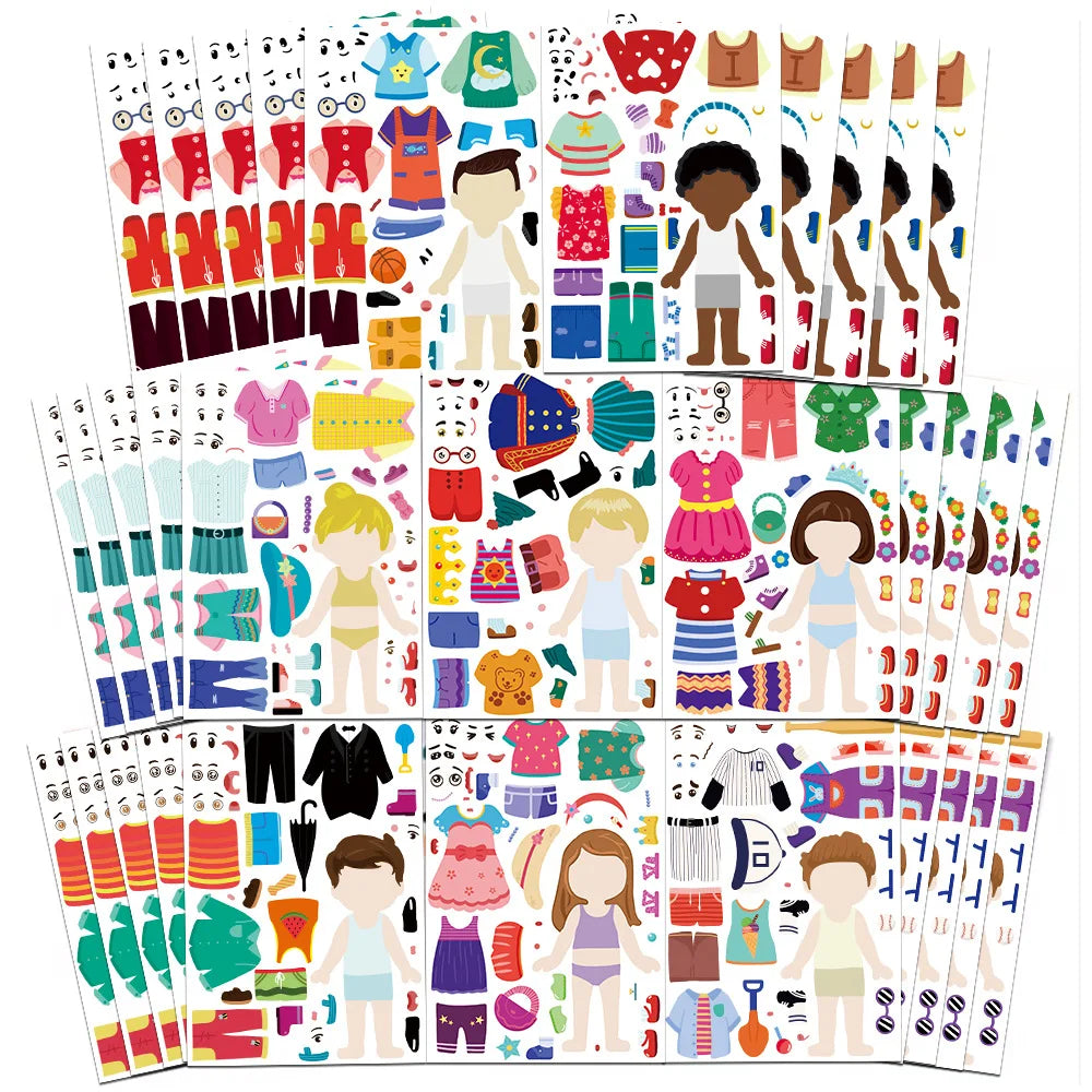 8/16/24PCS Children's Dress Up Puzzle Stickers Cute Cartoon Creative Fun Children's Puzzle Account Material Waterproof Stickers
