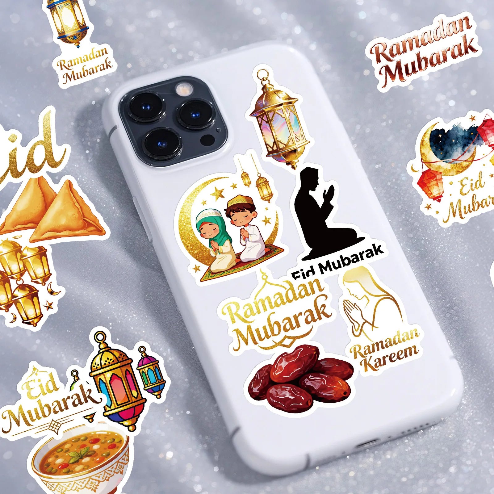 56PCS Traditional Festival Greetings Cartoon Graffiti Stickers Moon Lantern Design for Notebook Luggage Refrigerator Decoration