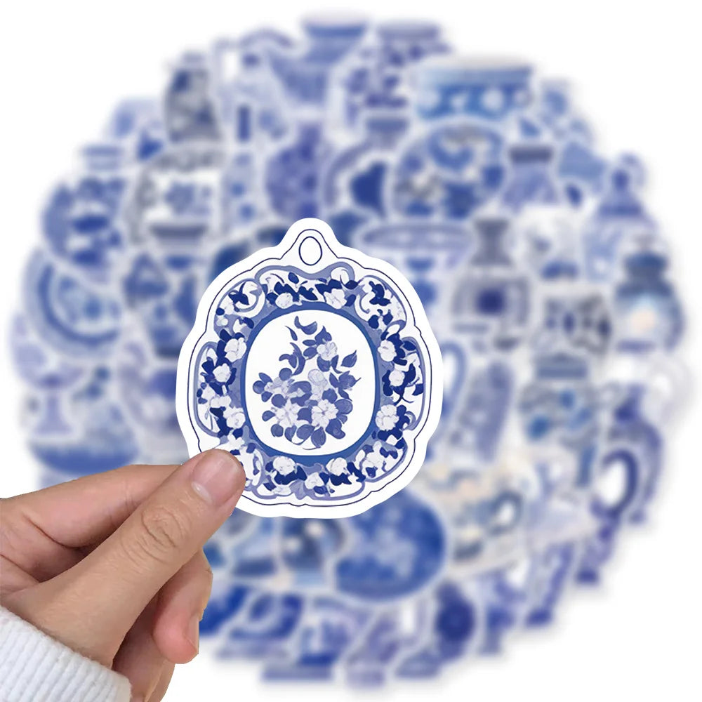 50PCS Blue And White Porcelain Chinese Style Stickers Notebook Cartoon Laptop Graffiti Luggage Classic Phone Skateboard Sticker