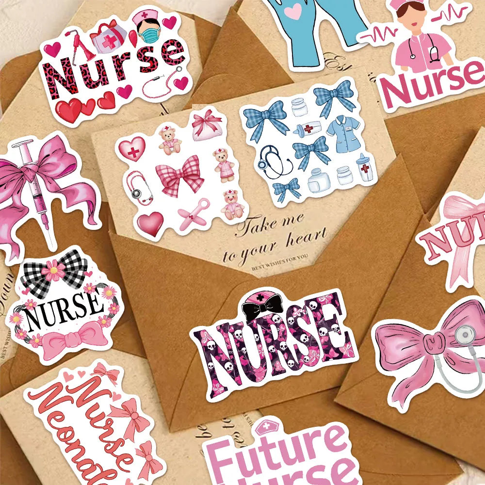 50PCS Pink Bow Nurse Creative DIY Stickers Sketchbook Handmade Mobile Luggage Skateboard Waterproof Stickers