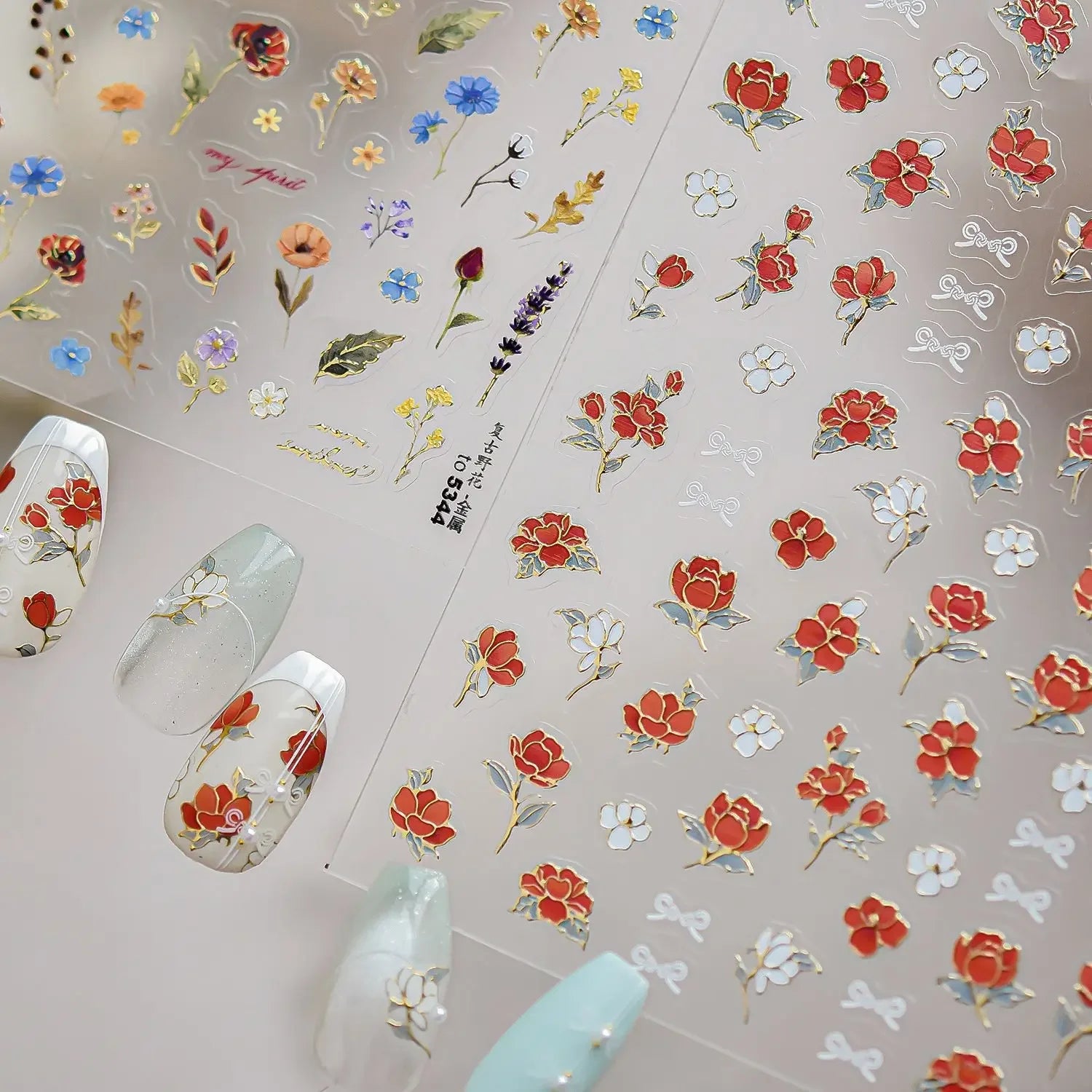 Metal Nail Art Stickers Gold Edges Orange Red Rose Floral Bow Nail Charms Stickers DIY Self Adhesive Nails 3D Decorations Decals
