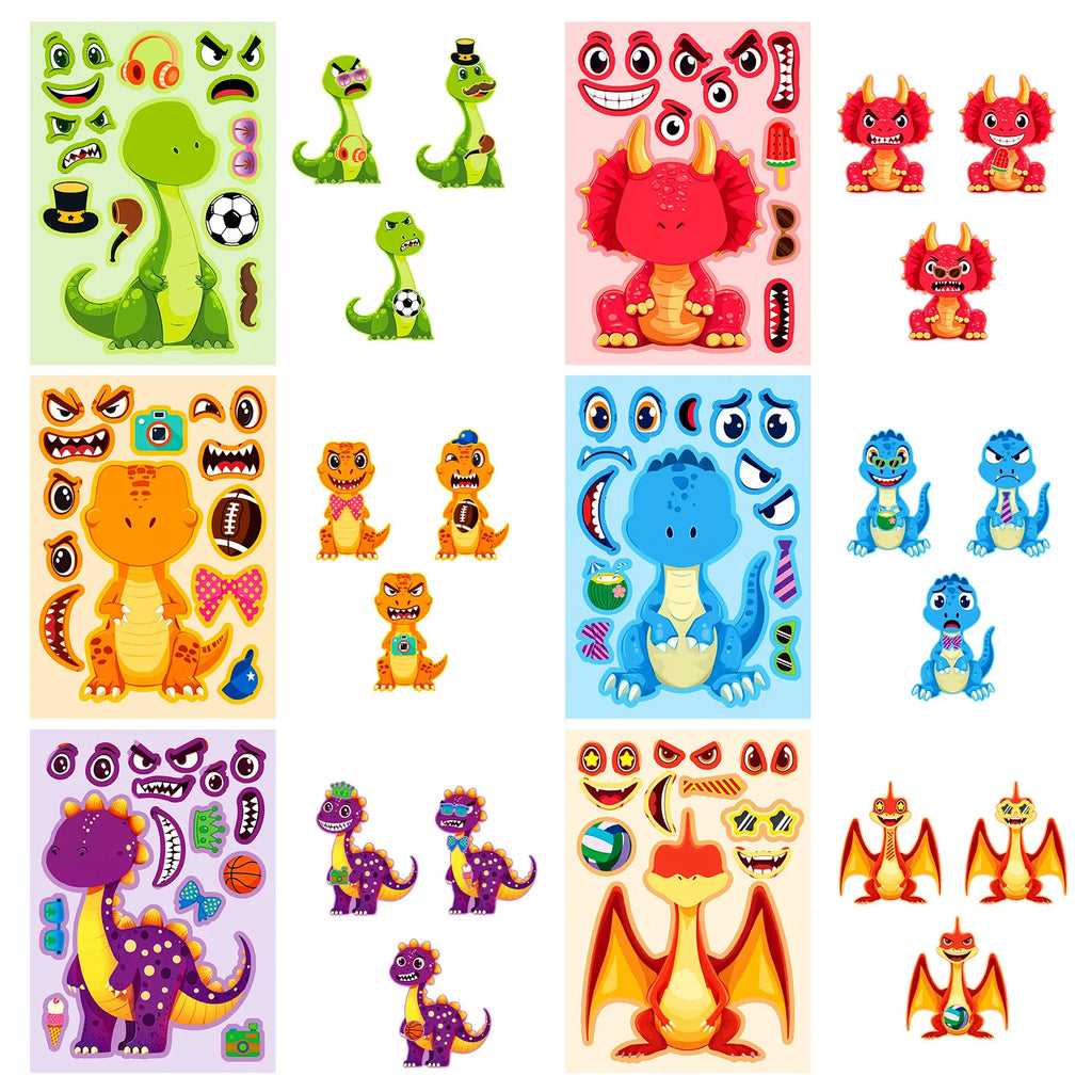 6/12PCS Dinosaur Puzzle Face Changing Stickers Cute Cartoon Children's Toys Stationery Reward Stickers