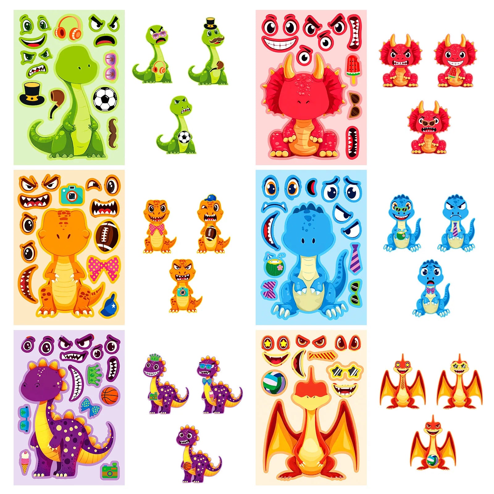 6/12PCS Dinosaur Puzzle Face Changing Stickers Cute Cartoon Children's Toys Stationery Reward Stickers