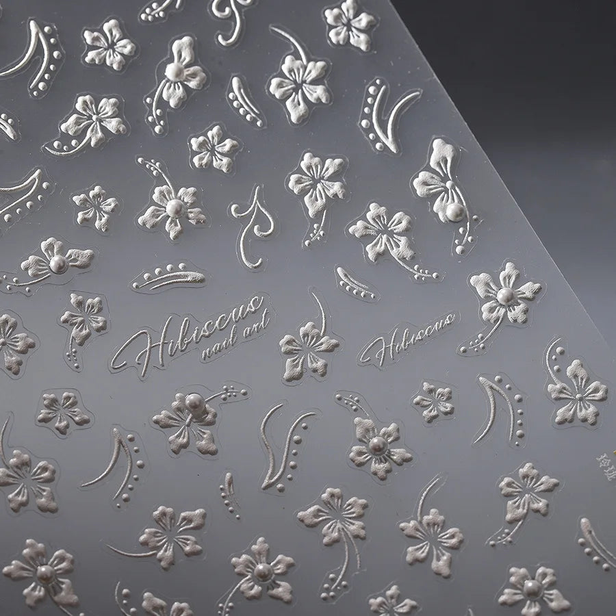 Classic White Flowers Nail Charms Stickers 5D Embossed Pearls Flowers Ribbon Design Nail Art Stickers DIY 3D Manicure Decoration