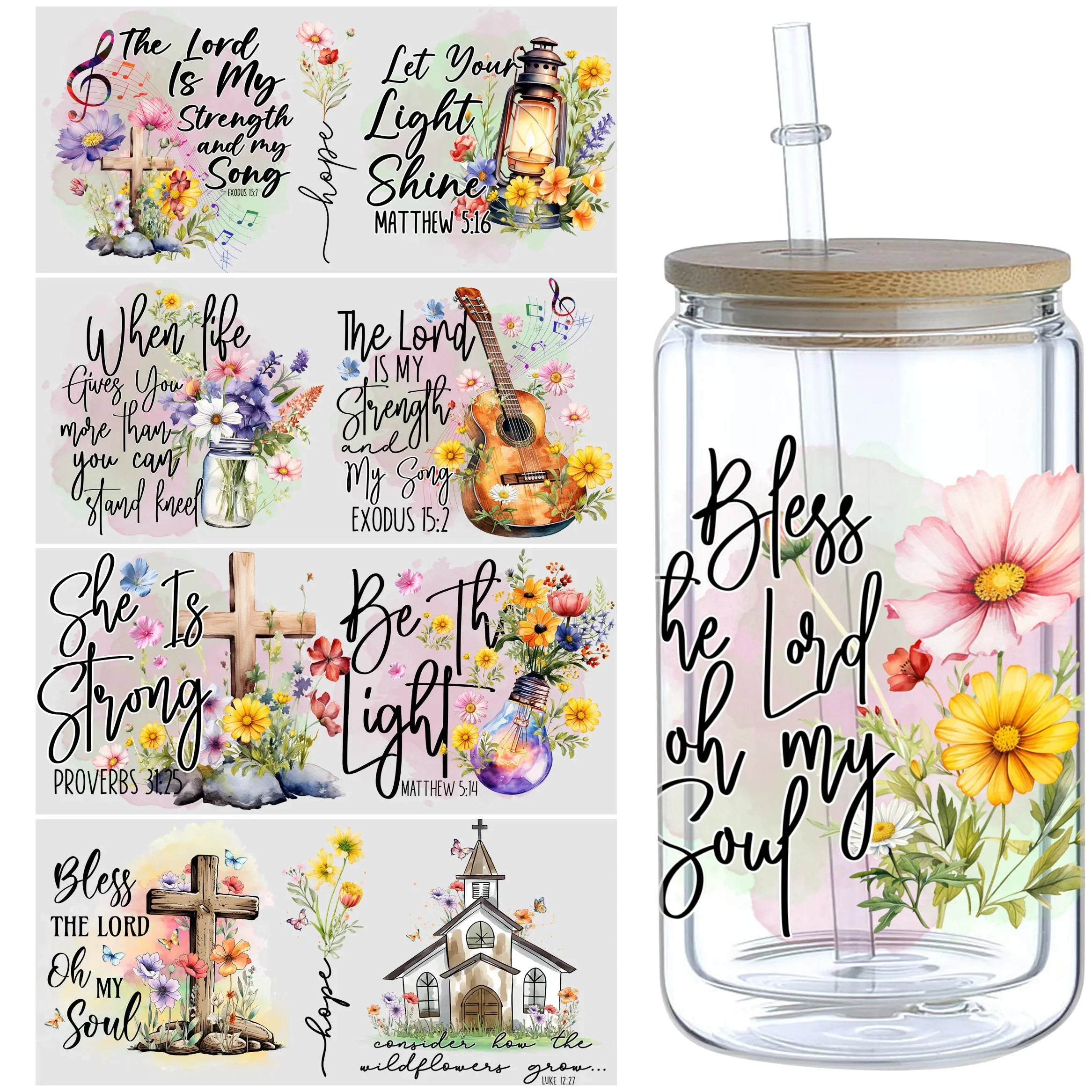 5 sheets Inspiring UV DTF Cup Stickers, Glass DTF Transfer Stickers, Waterproof Plant Wipe Transfer Paper for 16oz Glass, Mug,