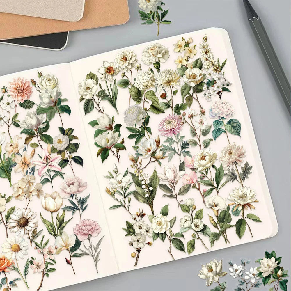 Variety of 50PCS Retro Long Branch Flower Stickers Transparent Waterproof DIY Stationary Notebook Art Stickers