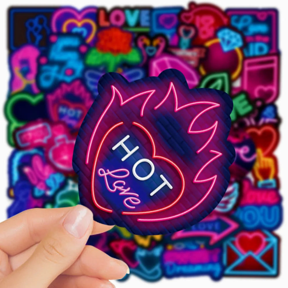 50-Pack Neon Valentine Graffiti Stickers Waterproof for Luggage Notebooks Electric Bicycles Skateboards Mobile Phones Stationery