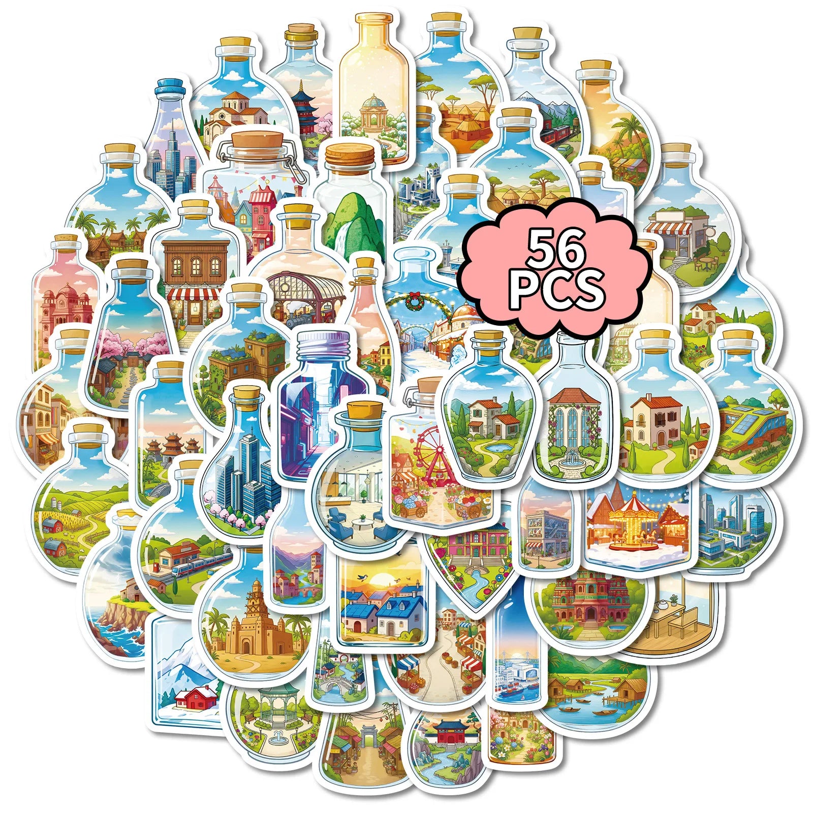 56/112PCS Bottle World Glass Cartoon Stickers Miniature Landscape Building Dreamy Healing Waterproof Stationery Reward Stickers