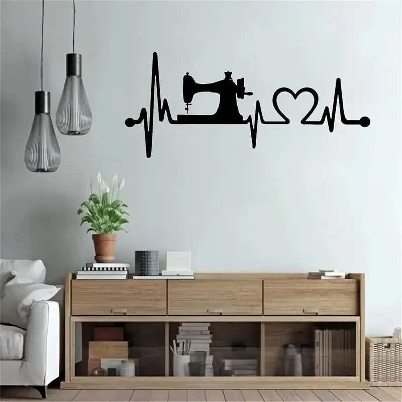 Sewing Machine Heartbeat Wall Decal - Removable Vinyl Mural for Sewing Room, Contemporary Geometric Design, Matte Finish