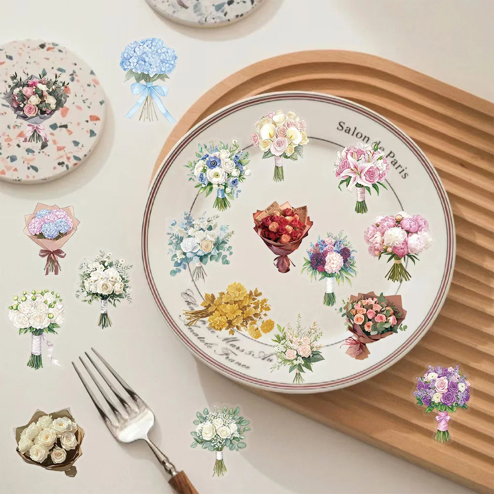 50PCS Transparent PET Flower Lea f& FLower Gift Sticker Pack Stickers Phone Case Water Cup Guitar Tablet Luggage Stickers