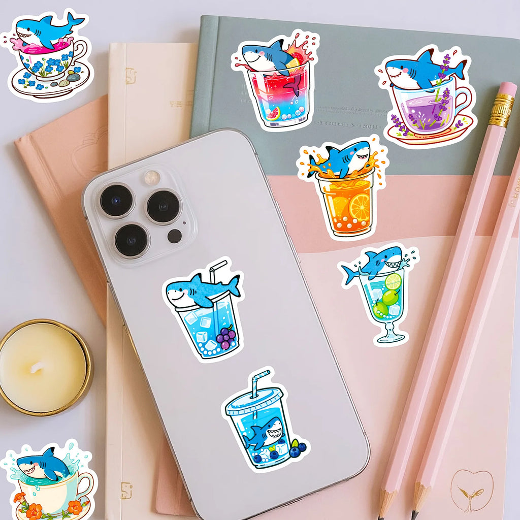 56PCS Cute Shark Cup Graffiti Stickers Creative Cartoon Shark Account Helmet Decoration Stickers