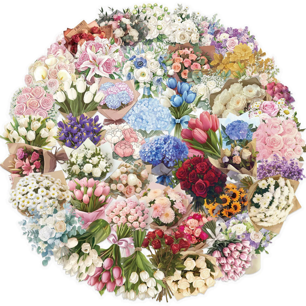 50PCS Cartoon Satin Dream Flower Gift Sticker Pack Waterproof Transparent PET Decor Notebook Stationery Pen Holder Stickers