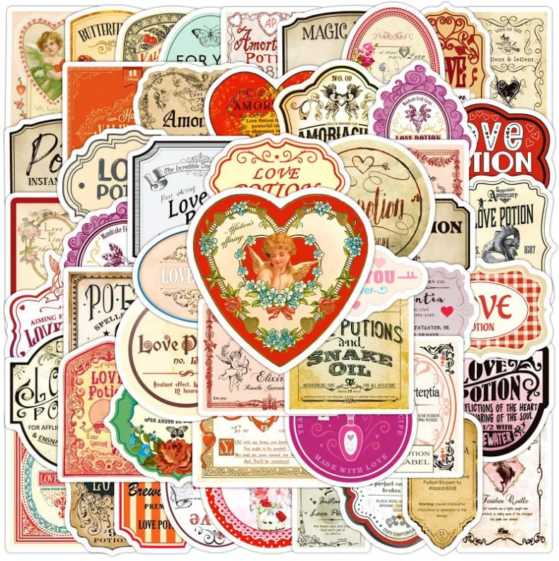 50-Pack Vintage Valentine Graffiti Stickers Waterproof Decorative Decals for Water Bottle Mobile Phone Luggage Notebook