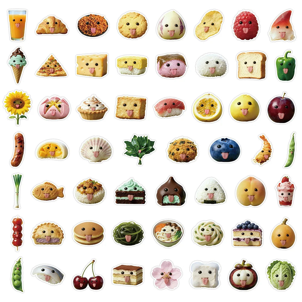 55-Piece Set Cute Abstract Food Stickers for Notebook Desk Laptop Luggage Graffiti Waterproof Decals