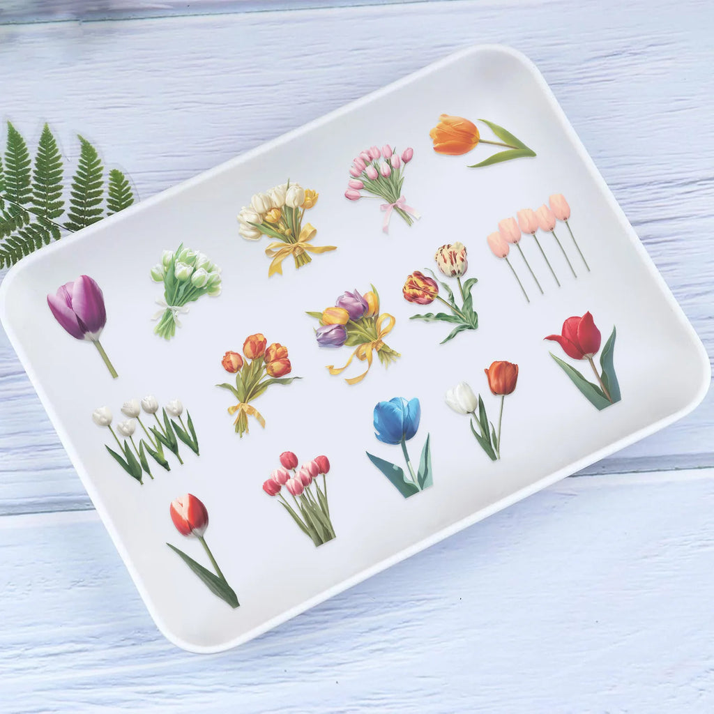 50Pcs Transparent Tulip Waterproof Toy Sticker Decorative Water Cup Bookcase Window Luggage Refrigerator Sticker Not Repeat