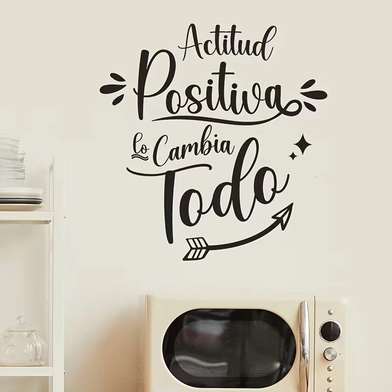 Inspirational "Positive Attitude" Kitchen Wall Sticker, Motivational Spanish Quotes Decorative Sticker, Vibrant Spring Atmospher