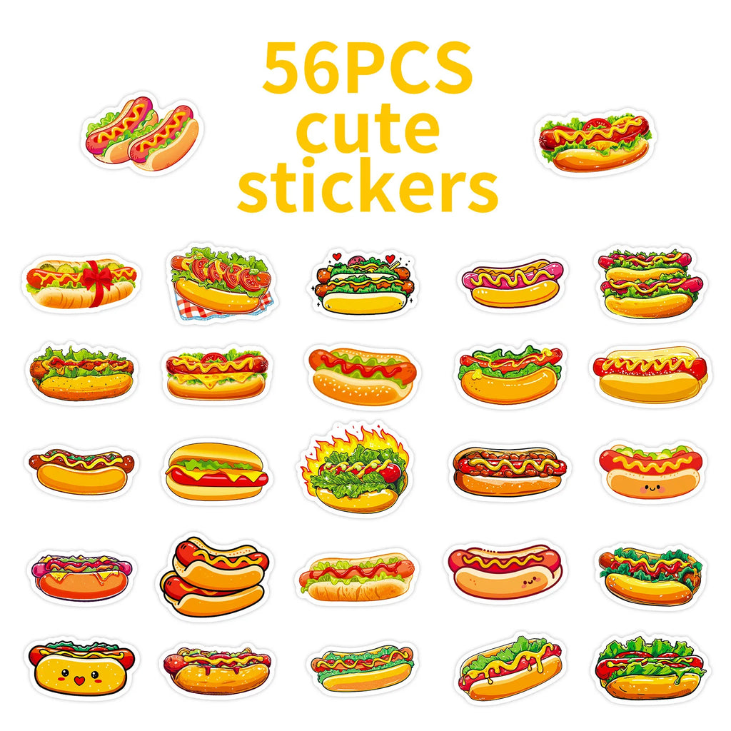 56PCS Cute Hot Dog Cartoon Stickers Smile Bread Sausage Hand drawn Food Decoration Children's Stationery Stickers
