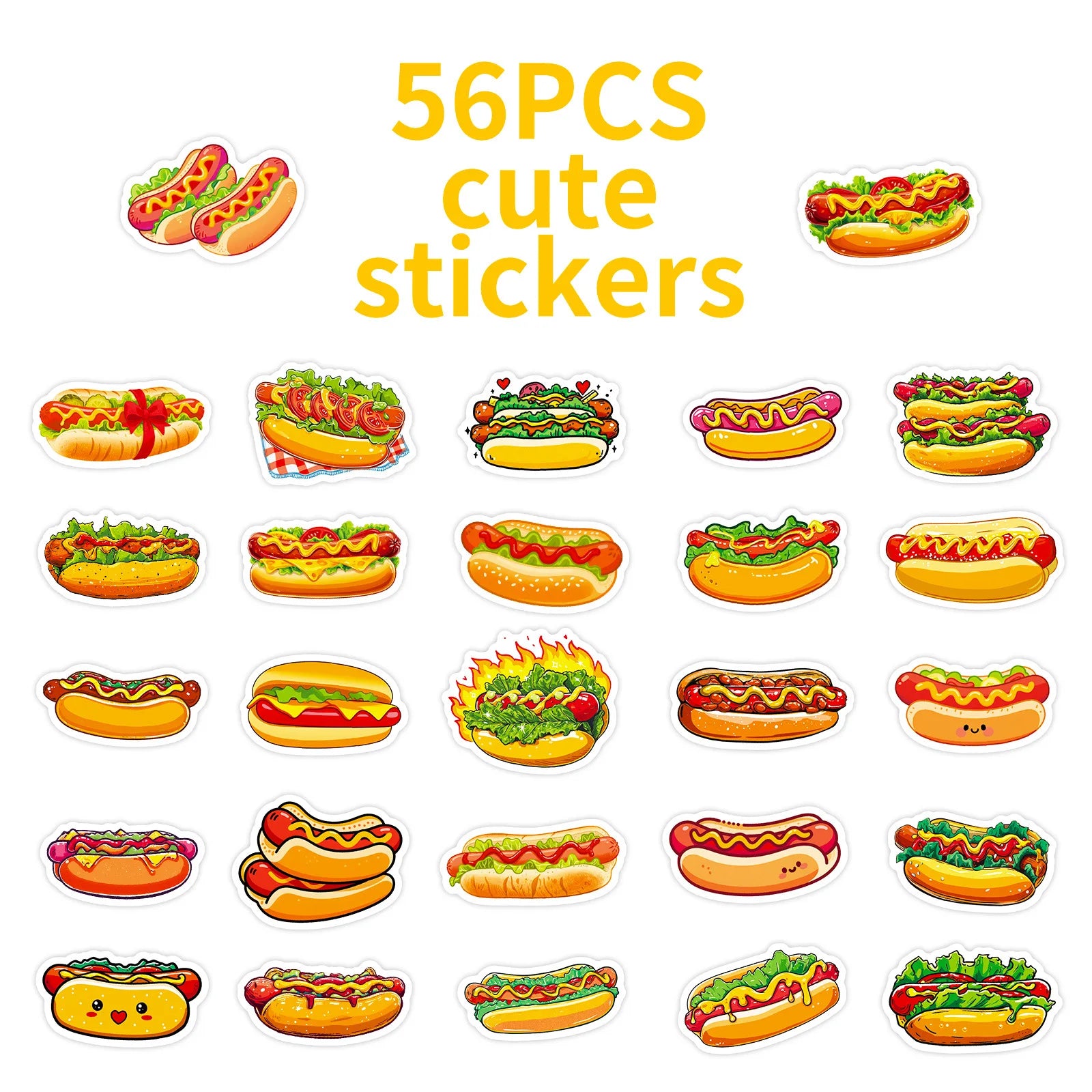 56PCS Cute Hot Dog Cartoon Stickers Smile Bread Sausage Hand drawn Food Decoration Children's Stationery Stickers