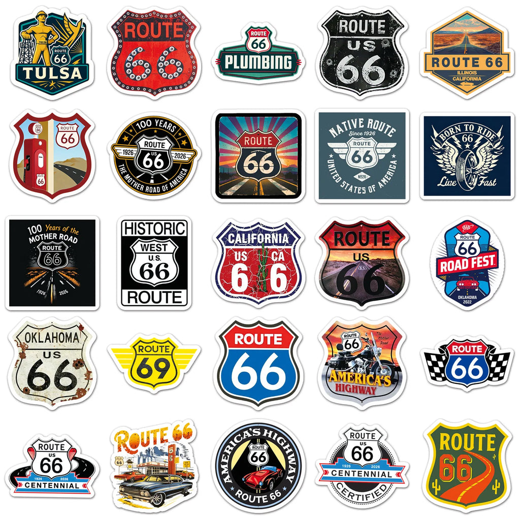 50PCS Classic US Route 66 Stickers, Student Stationery Laptop Helmet Skateboard Decorative Art Waterproof Sticker
