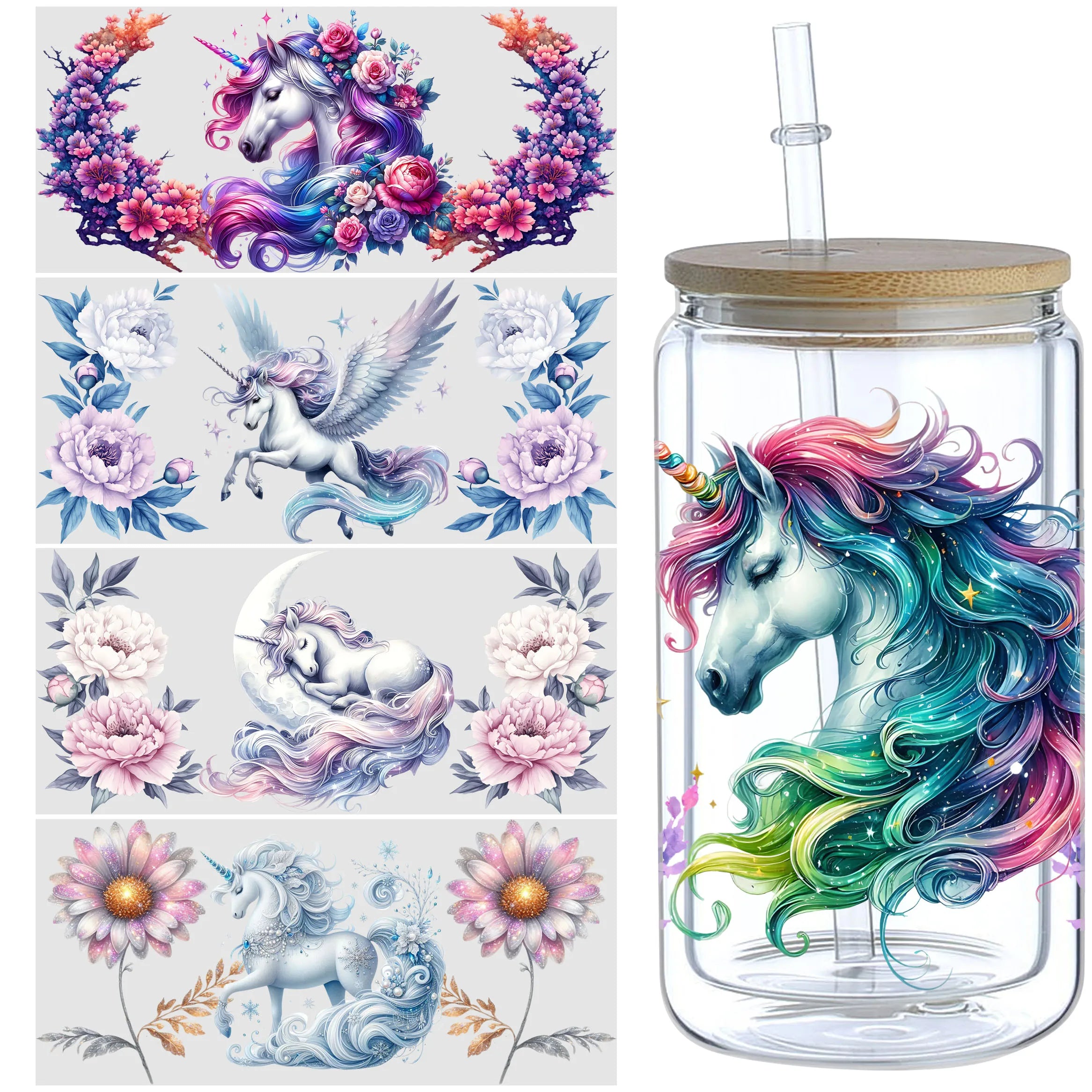 5 sheet Unicorn UV DTF Cup Stickers, DTF Transfer Stickers, Waterproof Wipe Transfer Paper for 16oz Glass, Mug, Craft, Furniture
