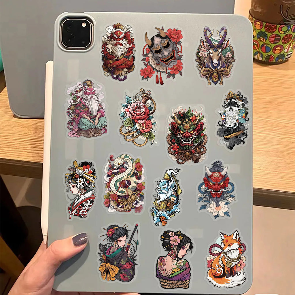 50pcs Transparent Japanese Tattoo Art Stickers - Waterproof PET Decals for Scrapbooking, Guitar & Laptop Decoration
