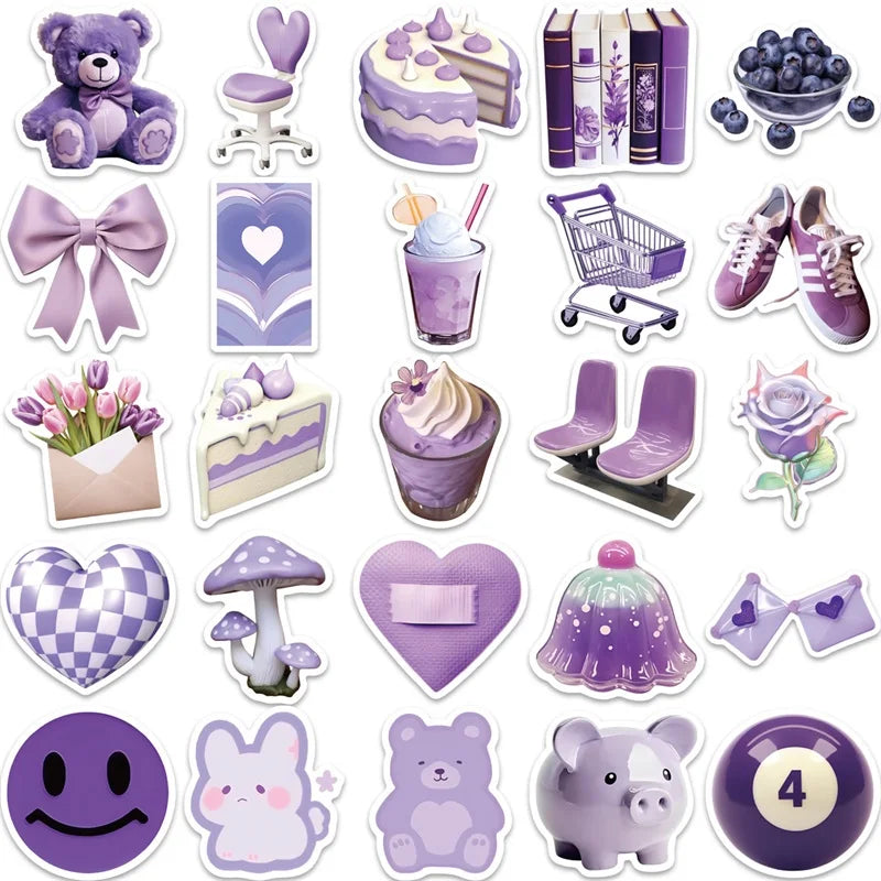 10/30/56PCS Cartoon Purple PVC Sticker Aesthetic Children's Korean Decoration Scrapbooking Stationery School Supplies for Kids