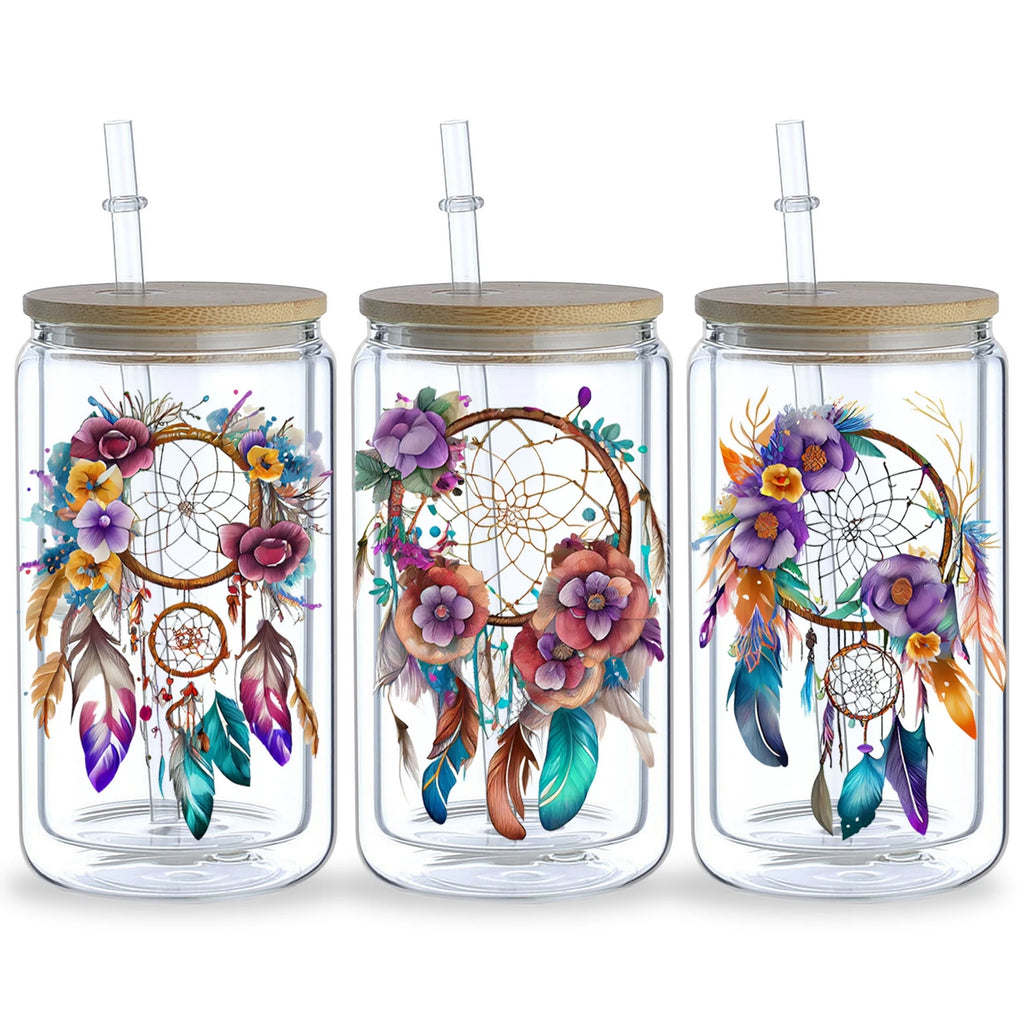 5 Sheets Dream Catcher UV DTF Cup Stickers, DTF Friction Transfer Stickers, Waterproof Transfer Stickers for 16 Ounces Glass Cup