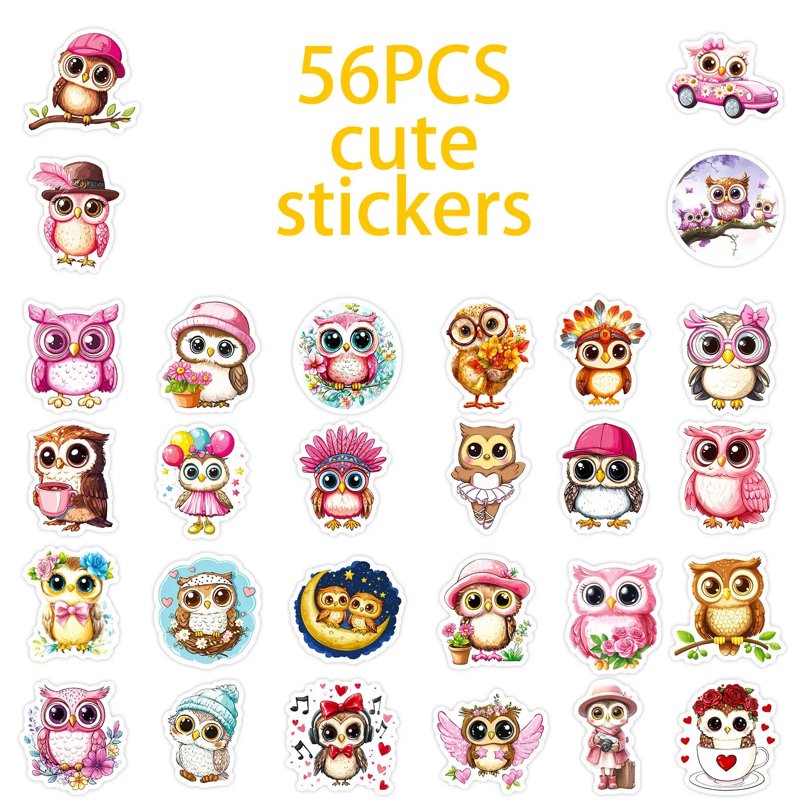 56/112 Pcs Pink Big Eye Owl Cute Doodle Stickers DIY for Scrapbook Notebook Stationery Box Phone Lunch Box Reward Decals