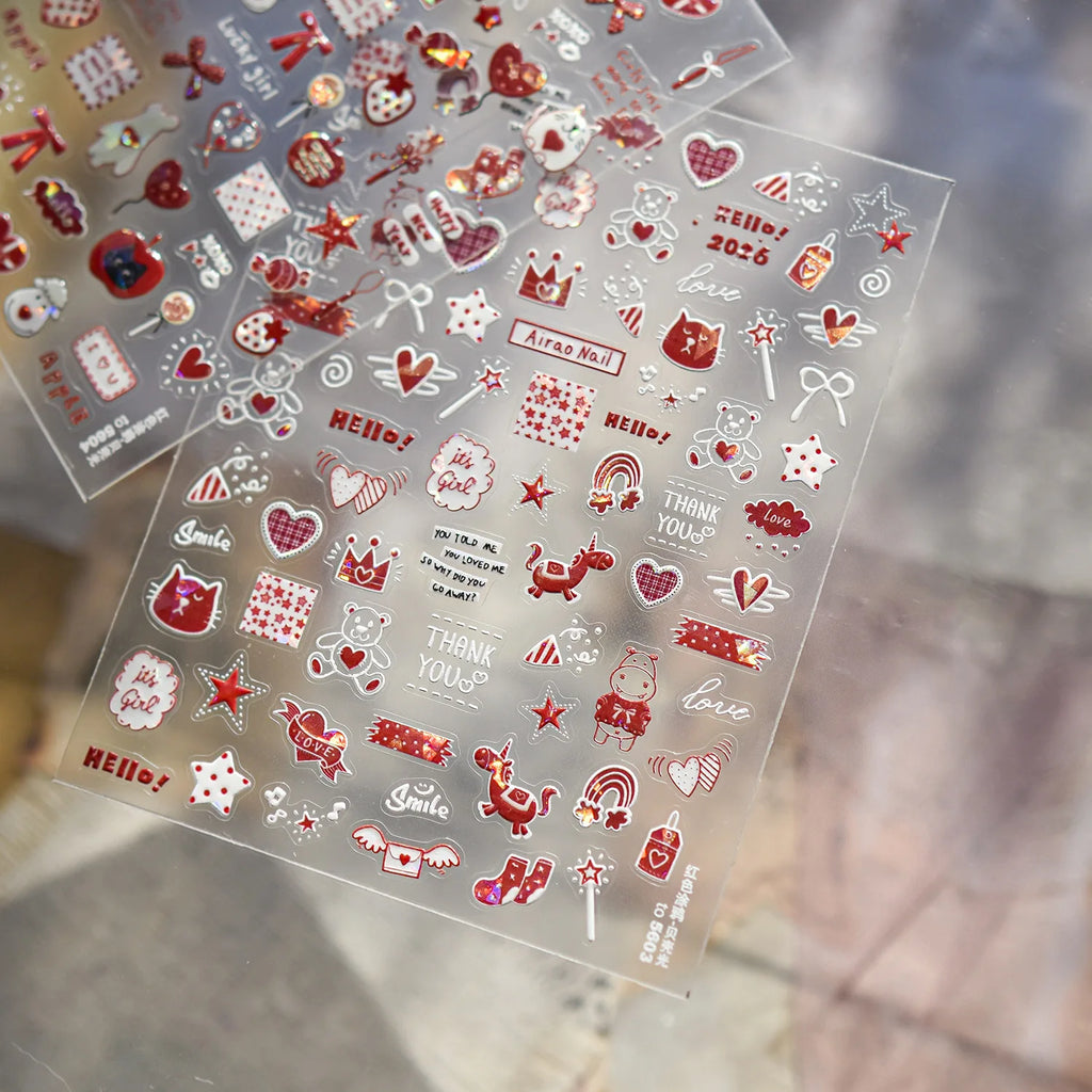 New Year Nails 3D Decorations Stickers Cute Red Graffiti Mini Horse Heart Bow tie Nail Art Stickers DIY Adhesive Nails Stickers