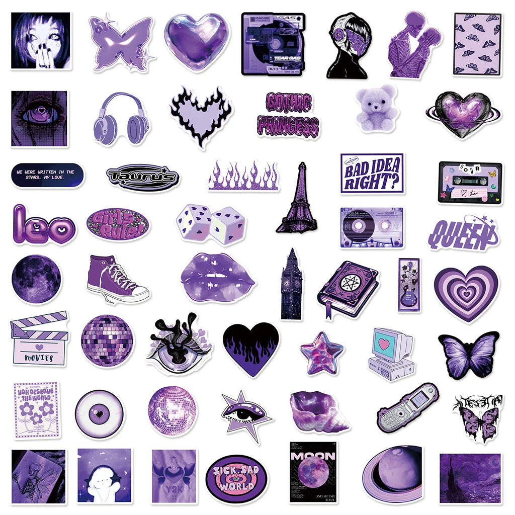 50/100Pcs Purple Y2K Girl Graffiti Sticker Office School Supplies Stationery Decals Trolley Case Scooter Helmet Fridge Stickers
