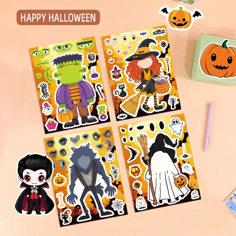 16PCS Halloween Make a Face Stickers Children Puzzle Halloween Party Gift Boxes Gift Stationary Stickers